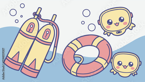 Cute cartoon illustration of scuba tanks, a lifebuoy, and happy blob characters floating in blue water with bubbles, perfect for summer diving safety.