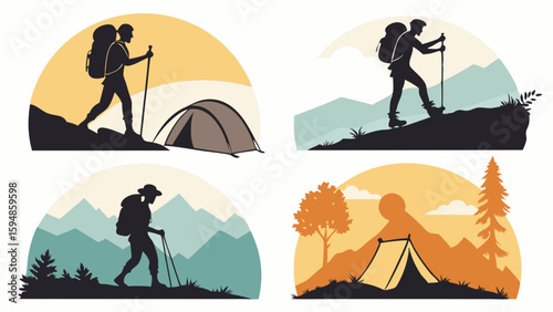 Outdoor adventure vector illustrations featuring silhouette hikers, trekkers, and campers with tents and mountains in vintage flat design.