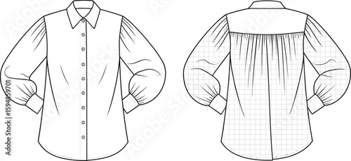 Front and back blouse CAD drawing, puff sleeves button-up shirt design, flat vector fashion template, garment sketch sewing illustration