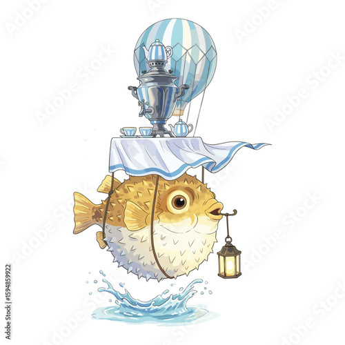 Pufferfish Hot Air Balloon Watercolor Sublimation
