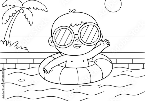 Cartoon summer scene with a child swimming in the water with a ring and palm tree design element for coloring book.