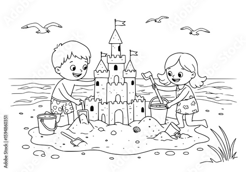 Children joyfully construct a sandcastle on a sunny beach, embodying summer fun with playful seagulls soaring above the idyllic scene.