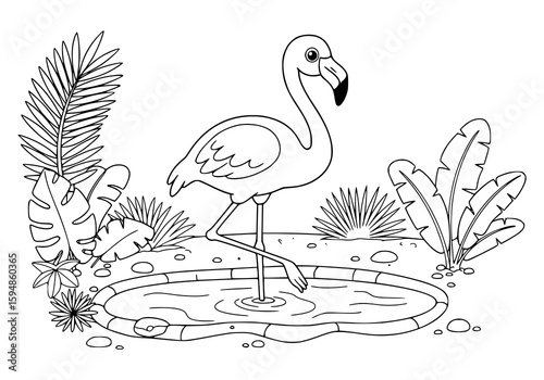 Flamingo standing in a pond with tropical plants, a simple design adaptable for coloring pages or elegant branding with its clear outline.