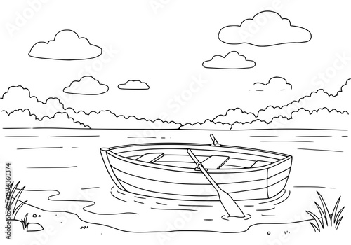 Serene lake scene features a rowboat with oars floating peacefully under a cloudy sky, a calming natural drawing perfect for backgrounds or designs.