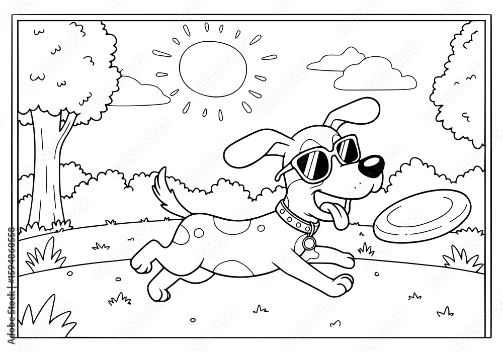 Obraz premium Cartoon dog wearing sunglasses runs in a summer park with a frisbee, ideal for children's coloring books and creative projects.