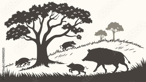 Monochrome silhouette illustration of wild boar hog family with piglets walking through a grassy forest landscape with trees and hills. Outdoor wildlife vector graphic.