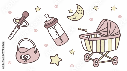 Adorable pastel pink baby girl essentials illustration. Cute pacifier, feeding bottle, classic stroller, small bag, moon, and stars for newborn nursery.