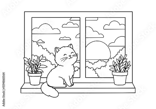 A charming domestic animal, a cute cat sitting on a windowsill with plants, gazing happily at the scenic outdoor view.