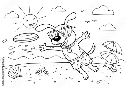 Fun beach day drawing of a dog with sunglasses, playing frisbee on the sand under the sun with clouds, shells, and umbrellas in outline style.