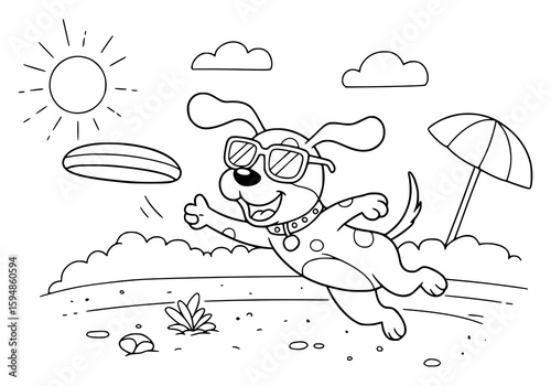 Cheerful cartoon dog wearing sunglasses plays frisbee at a sandy beach with a bright sun shining overhead in a playful scene.