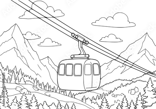Mountain scenery showcases a cable car ascending, set against a backdrop of peaks and clouds, perfect for design and artistic applications.