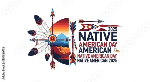 Native American Day Badge Illustration with Feathers Arrows and Sunset Colors for Cultural Celebrations