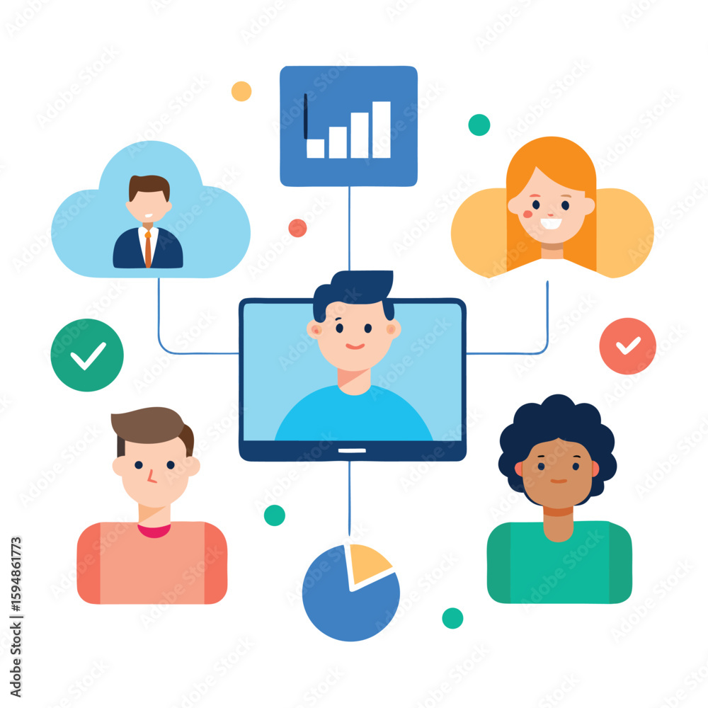 Fototapeta premium Cartoon digital team meeting concept with diverse people collaborating isolated on transparent background