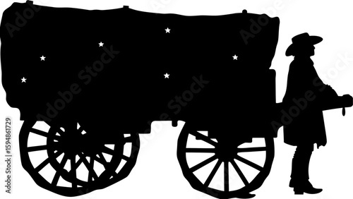 Silhouette of a covered wagon with stars and a cowboy standing beside it in black and white style