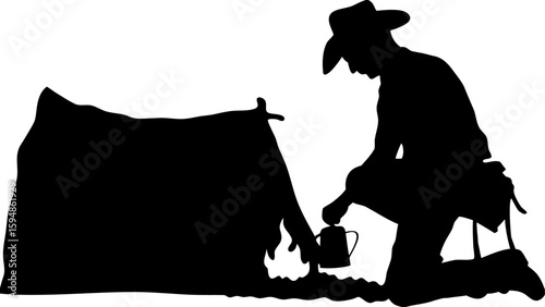 Silhouette of a cowboy kneeling by a tent with a coffee pot in a monochrome camping scene design