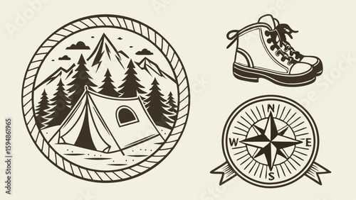 Vintage outdoor adventure emblems featuring a camping tent, majestic mountains, pine trees, a sturdy hiking boot, and a classic compass rose illustration set.