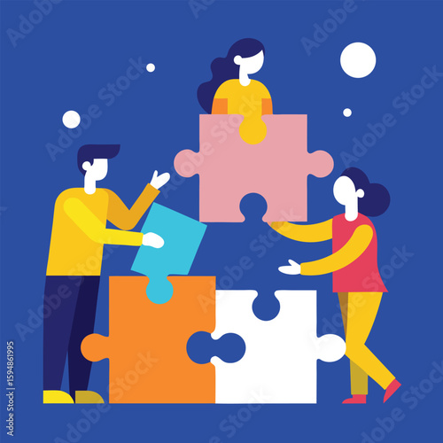 Diverse team of coworkers assembling a jigsaw puzzle together isolated on transparent background
