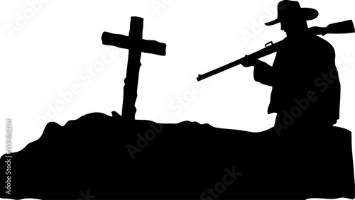 Silhouette of cowboy with rifle standing near a grave marked by a cross in a somber western scene