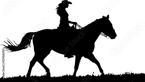 Silhouette of a cowgirl riding a horse galloping across a field in a black and white illustration