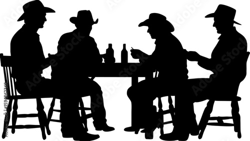 Silhouette of four cowboys sitting at a table playing cards with bottles on it in a dark setting scene