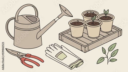 Hand-drawn minimalist gardening tools set illustration with seedlings, watering can, pruning shears, gloves, and hand cultivator for spring home planting projects.