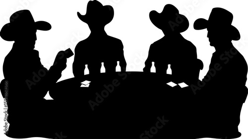Silhouette of four cowboys playing poker at a table with cards and bottles in a dimly lit environment