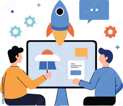 Two entrepreneurs in a video conference planning a startup isolated on transparent background