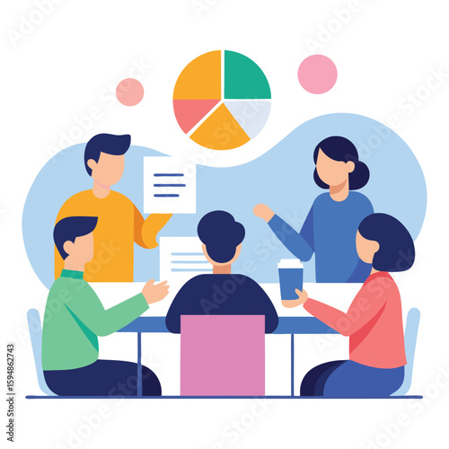 Team collaborating on strategy planning session flat cartoon vector isolated on transparent background
