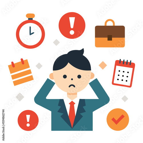 Stressed businessman overwhelmed by calendar deadlines isolated on transparent background