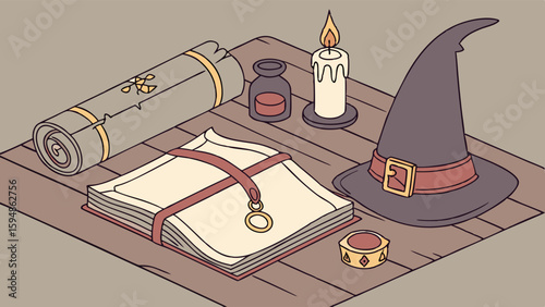 Cozy isometric witch's magical study desk with hat, ancient scroll, spellbook, inkwell, and lit candle. Fantasy occult illustration.