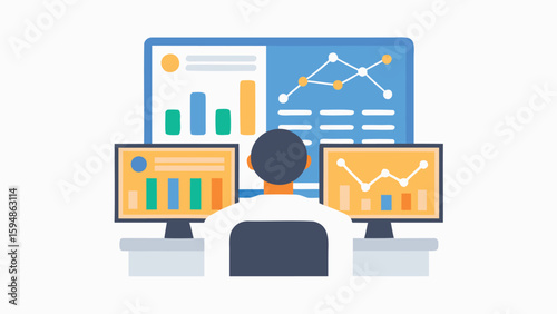 Person viewing financial data graphs and charts on multiple computer screens in front of them now