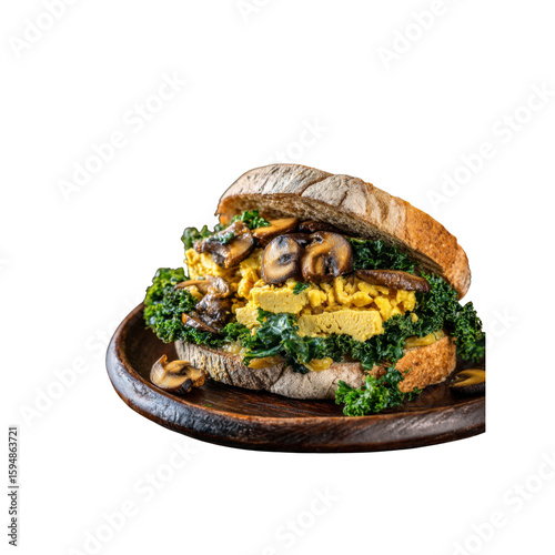 Delicious Vegan Tofu Scramble Sandwich with Mushrooms and Kale on Whole Wheat Bread