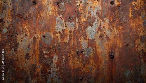Textured rusted metal surface background with patterns of decay, corrosion. Aged, weathered metal shows grunge industrial design elements. Rich orange, brown, gray hues form abstract, hi-res metallic