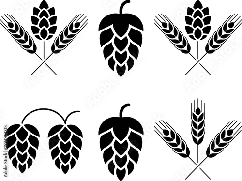 Black hop cones and wheat ears icons grain