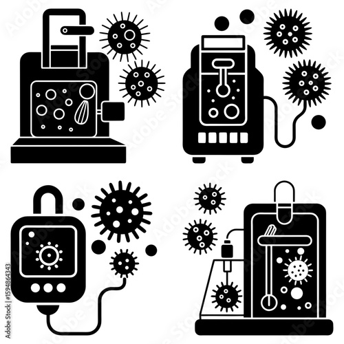 Illustrations of laboratory equipment with virus particles in black and white graphic style depiction