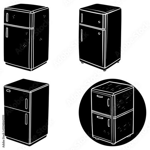 Four black and white illustrations of file cabinets with drawers in varying perspectives