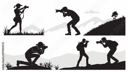 Outdoor Photographers Vector Silhouettes Set. People capturing nature landscapes with cameras, mountains, and hills. Professional and hobby photography.