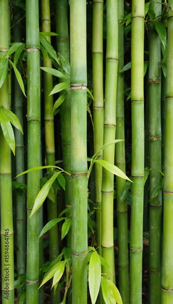 Obraz premium Rich green bamboo stalks with vibrant leaves create natural, organic texture. Image captures of tropical nature, growth, serenity. Evokes sense of calm, peace, perfect for themes of zen, wellness,