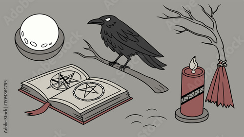 Mystical Witchcraft and Magic Items Set Cartoon Illustration with Crystal Ball, Spellbook, Raven, Candle, and Broom for Occult Fantasy