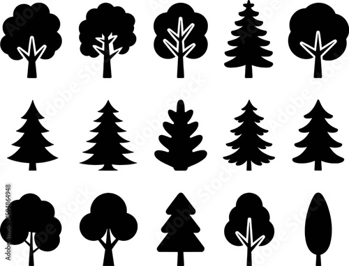 Black silhouettes of various trees and conifers nature forest