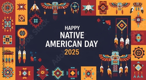 Native American Day Celebration Illustration with Colorful Dreamcatchers and Geometric Patterns