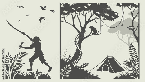 Black and white jungle adventure silhouette art of an explorer with machete, a monkey, snake, and a tent in the dense rainforest