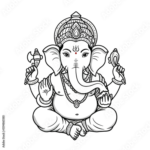 Illustration of seated ganesha with axe and sweetmeat silhouette