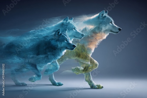 Majestic Wolves in Motion: A Breathtaking Double Exposure of Nature's Majesty