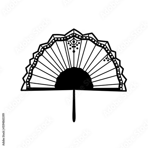 Detailed black and white hand fan illustration art silhouette