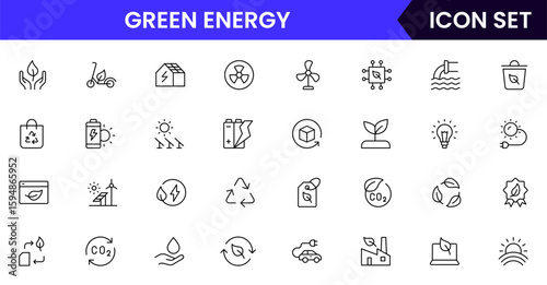 Green energy vector web line icon collection, sleek illustrations of solar panels, wind turbines, eco-tech for sustainable, green designs.