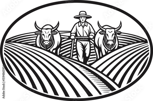 Vintage Farmer Plowing Field with Oxen – Black and White Agricultural Illustration