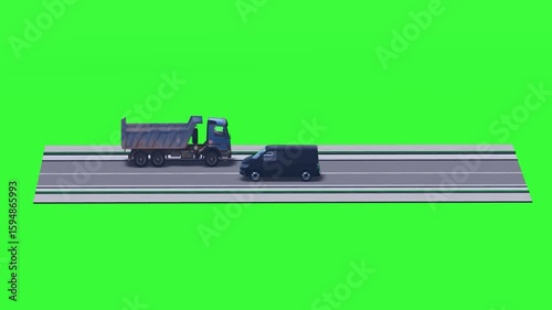 Animated dump truck and van traveling on a road strip with a green screen background. Ideal for transport, logistics, and urban environment projects. Can be used for compositing.