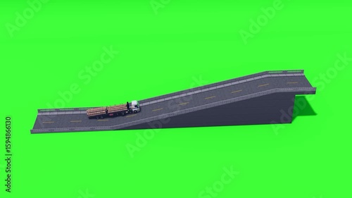 A heavy logging truck carrying timber ascends a concrete ramp against a green screen. Ideal for transport, construction, and supply chain visuals, perfectly suited for compositing.