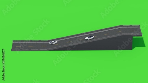 Two white cars move along a road with a green screen background. Suitable for urban transport visuals, automotive ads, or virtual environment compositing.
